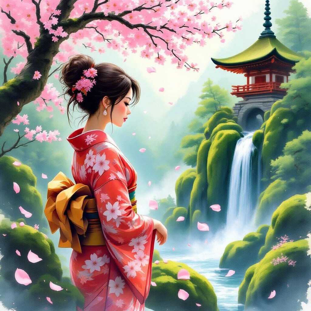 Woman in Kimono with Cherry Blossoms, Dreamy Style