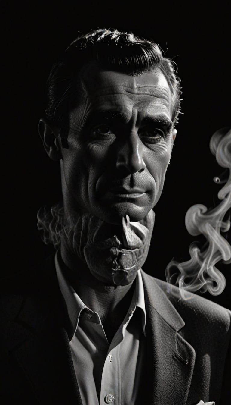 A black and white portrait of Rod Serling from The Twilight Zone with his arms folded with a cigarette in one hand
