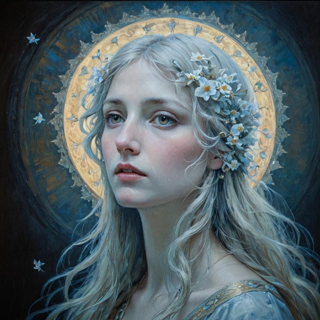 Bioluminescent Moon Goddess Portrait in Crystal Glass Style