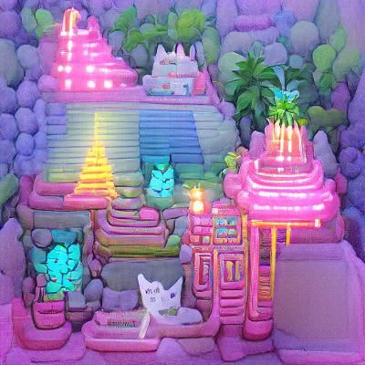 Beautiful sparkly pastel neon cat temple in the jungle