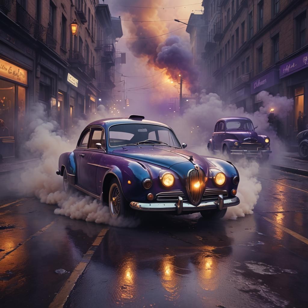 Retro Car Drifting in Smoke: Digital Matte Painting