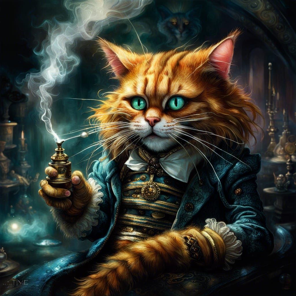 Well dressed Ginger cheshire cat smoking an opium pipe  by @Weird Jimbo