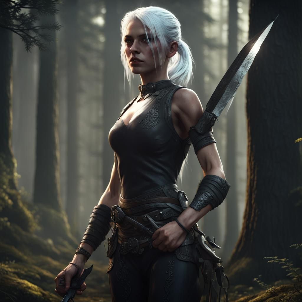 white haired girl using a ponytail at a forest wearing some ...