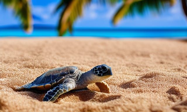 Baby sea turtles on Hawaiian beach coast, Sand castle, toy pail, beautiful day, palm trees in distance, cinematic, HD