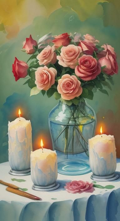 Love Spell Roses and Candles in Gouache Style