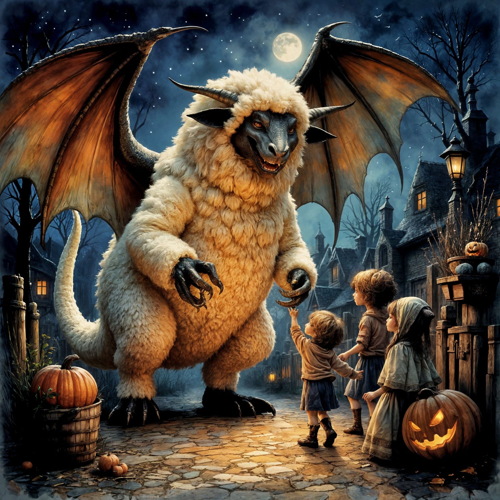 A majestic dragon with a sheep costume, goes trick or treating with sch...