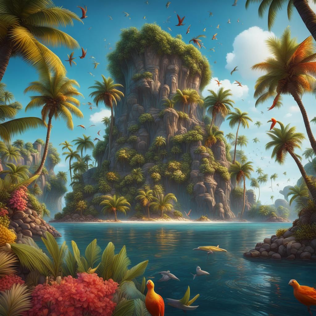 An exotic island full of fishes and palm trees with colourfu...