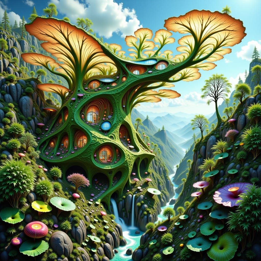 <lora:Eco Flow:1.0> Eco Flow: Unique Whimsical Creature Being, Solar Panel Array, Futuristic Eco-Shack, Botanical Shade Sails, Sky Island La...