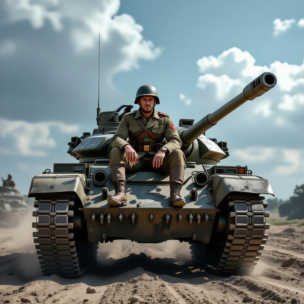 Soldier Sits Atop Realistic Tank on Dusty Battlefield
