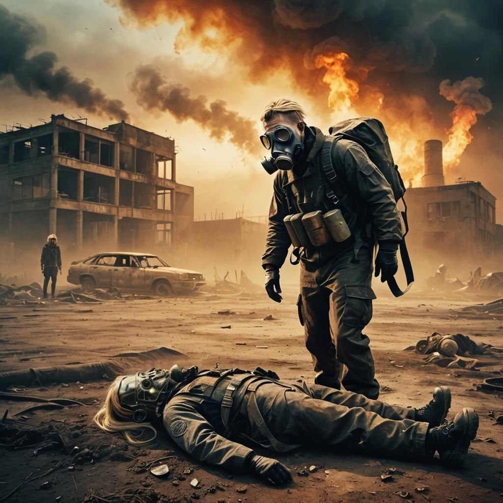 Man in gas mask stands on the ground . Remains of woman with blond hair , in respirator laying in front of him .