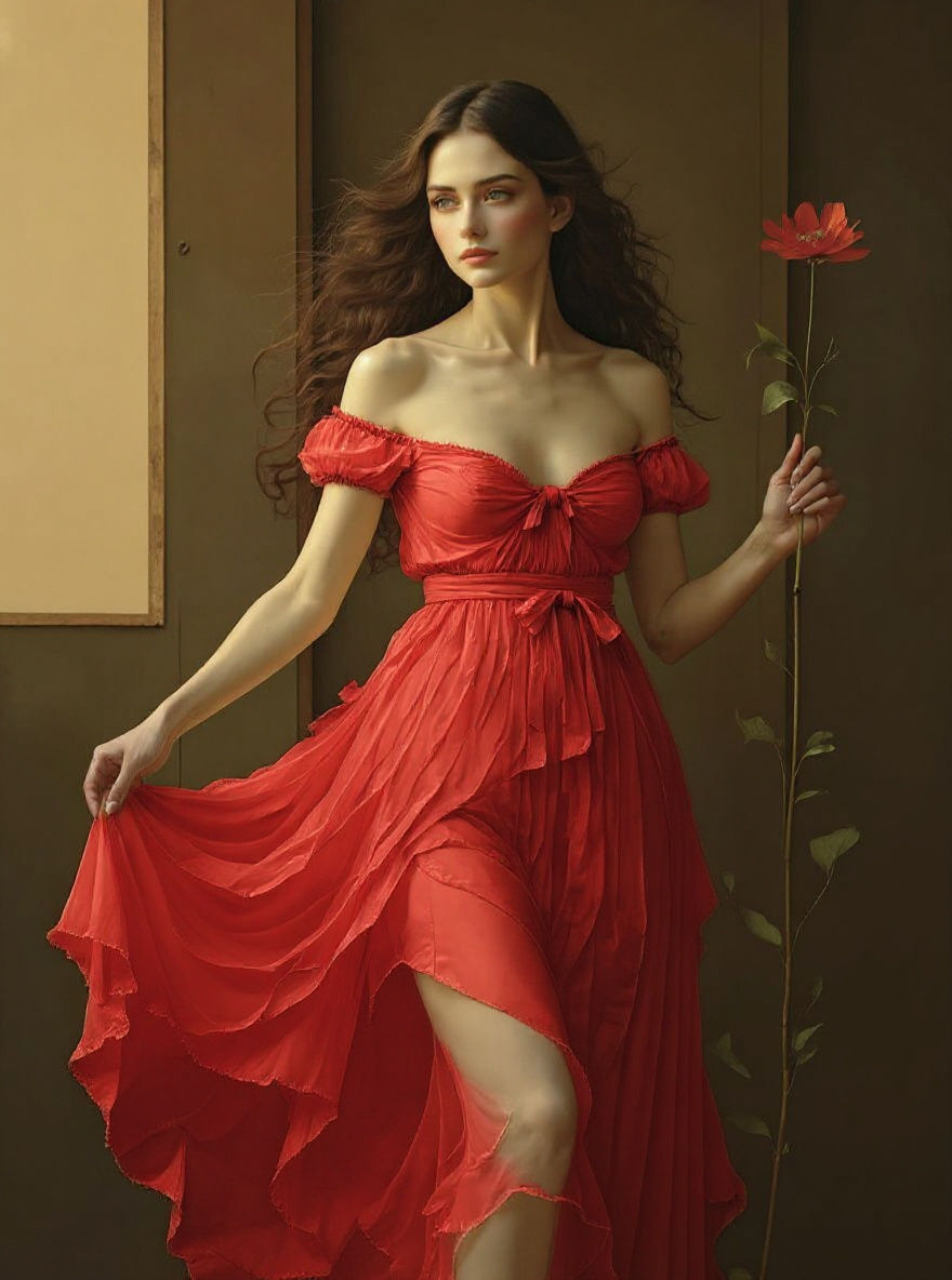 <lora:Akimora:1.0> <lora:Ink Poet:1.0> 아름다운 긴 머리 미국 여자 아름다운 붉은색 치마를 입고 로맨틱한 동작 만들어 주세요 head and shoulders portrait, 8k resolution concept ar...