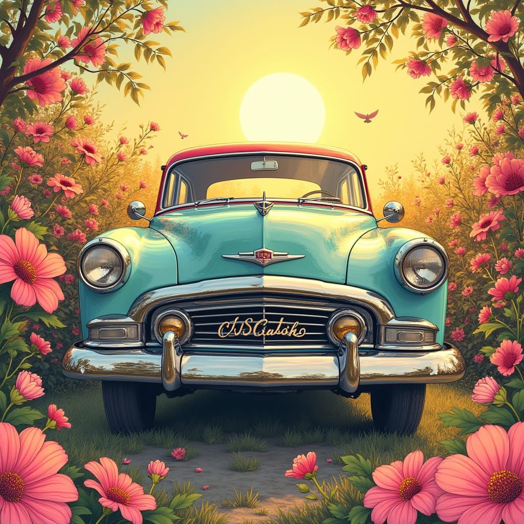 Vintage Car Amidst Blooming Flowers in Vibrant Colors