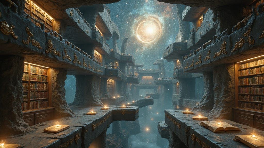 Celestial Library A photorealistic, hyperrealistic depiction of an immense library suspended in the cosmos, where knowledge from countless w...