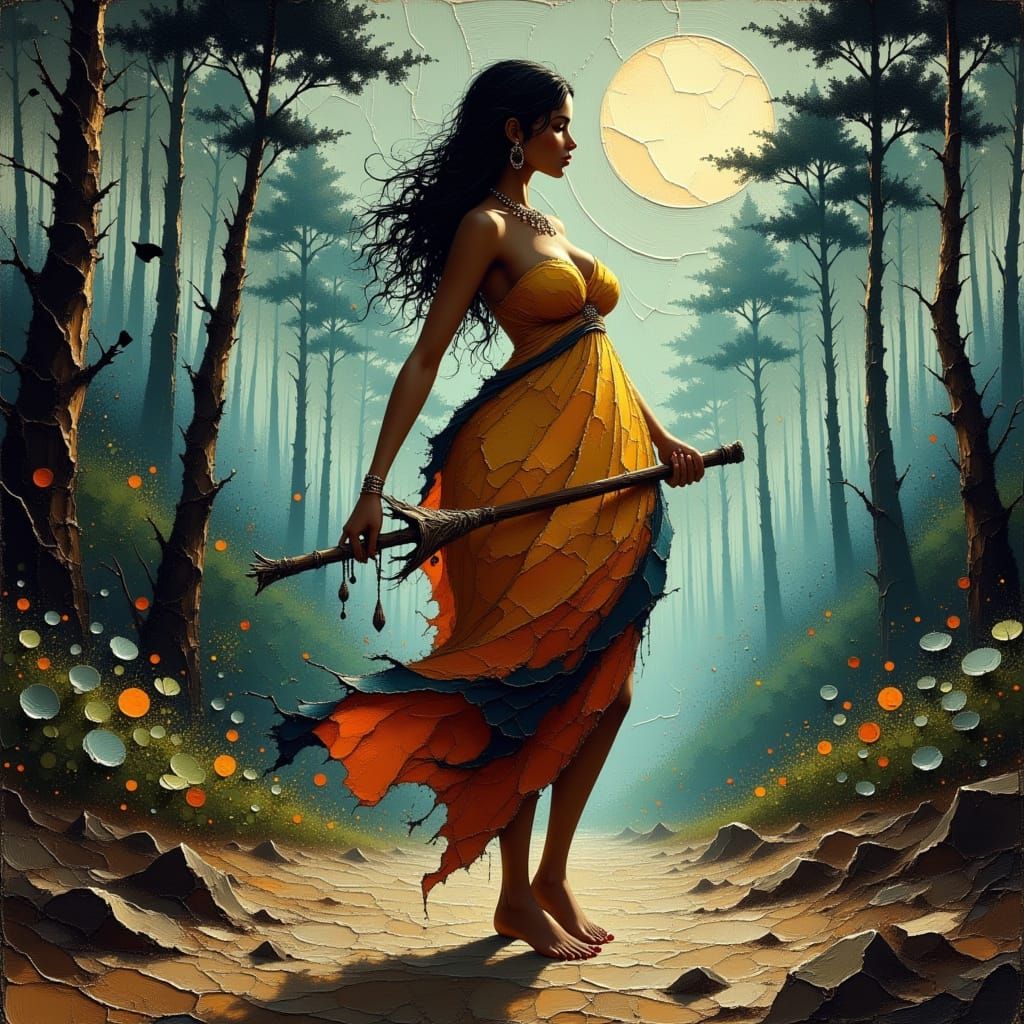 <lora:Akimora:1.0> <lora:divineOil:1.0> <lora:TRIBAL BEAUTY:1.0> Vibrant, A textured, impasto painting of a 30-year-old glamorous curvaceous...