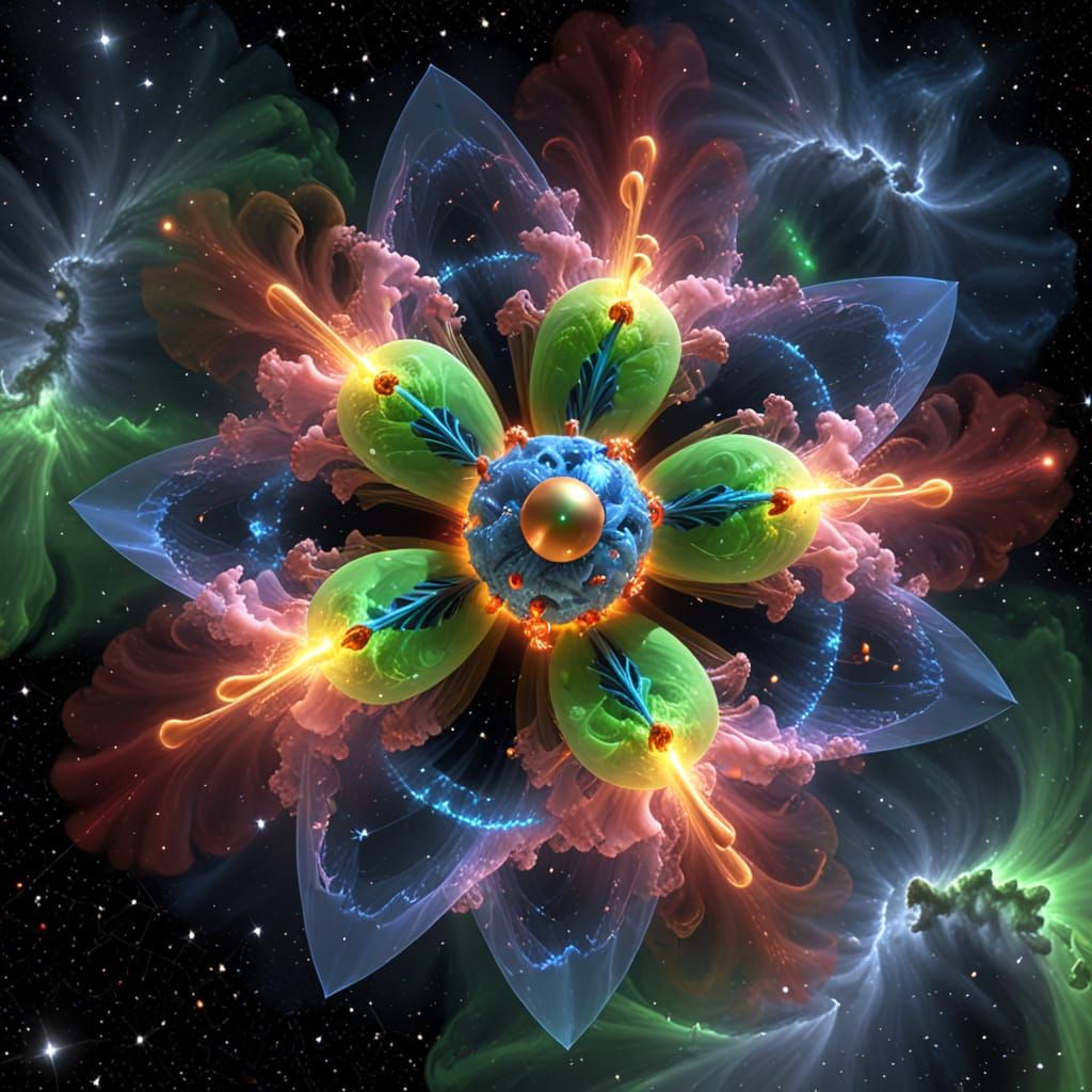 A hyper-detailed, immersive 3D abstract quantum field visualization in a turbulent cosmic storm nebula background with crackling gluon plasm...