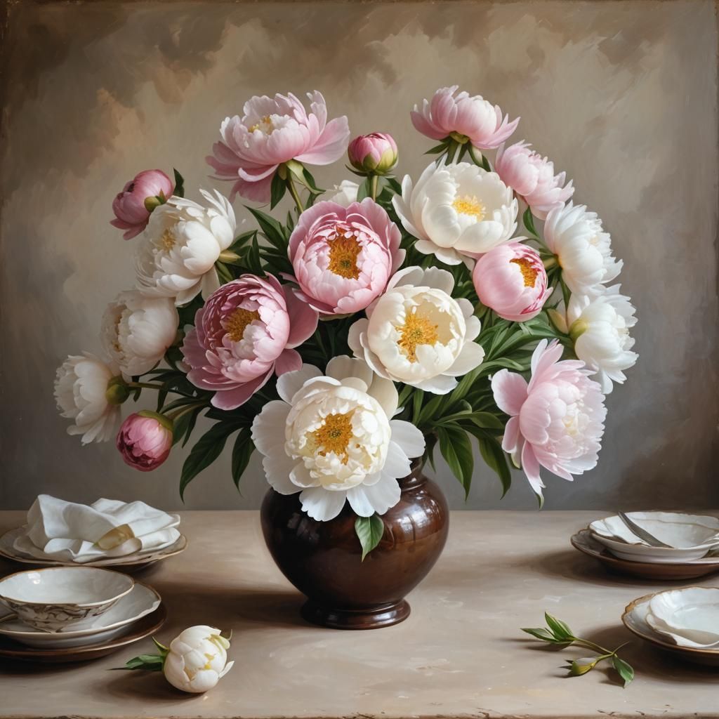 Peonies in a brown vase at the table. Clara Peeters  by @Corn Clay