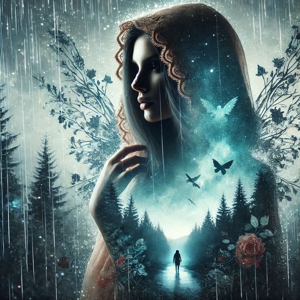 double exposure beautiful fantasy DALL-E 3 portrait landscape..