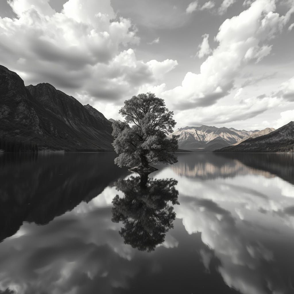 A tree reflected in a lake with mountains in the background under a cloudy sky, nature photography  by @Zwelinzima 