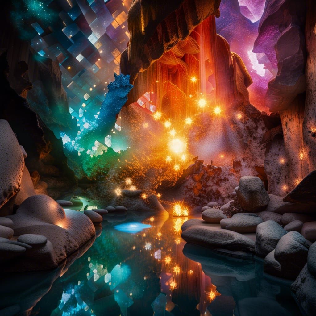 SHARDS OF LIGHT GLISTEN AND REFLECT FROM A WATER STREAM DEEP...
