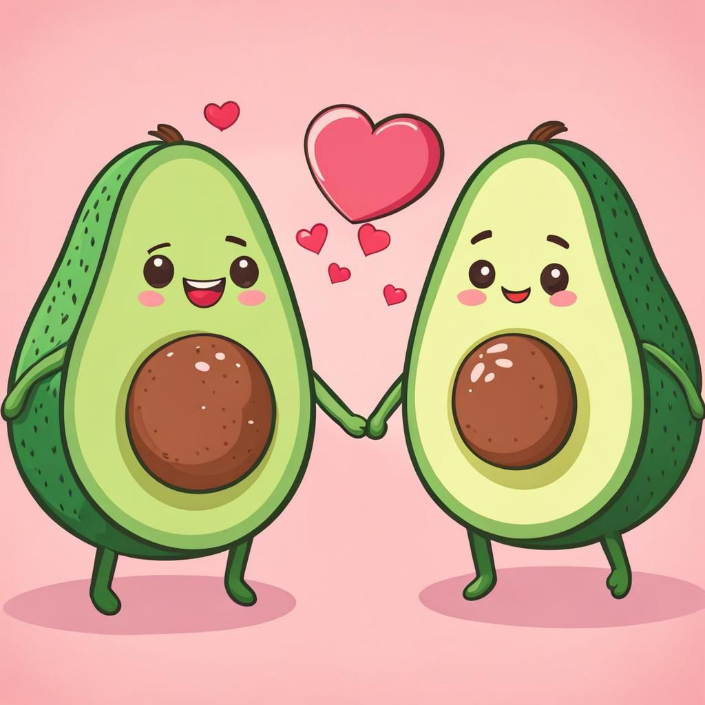 A cute avocado cartoon man in love with his cute girlfriend