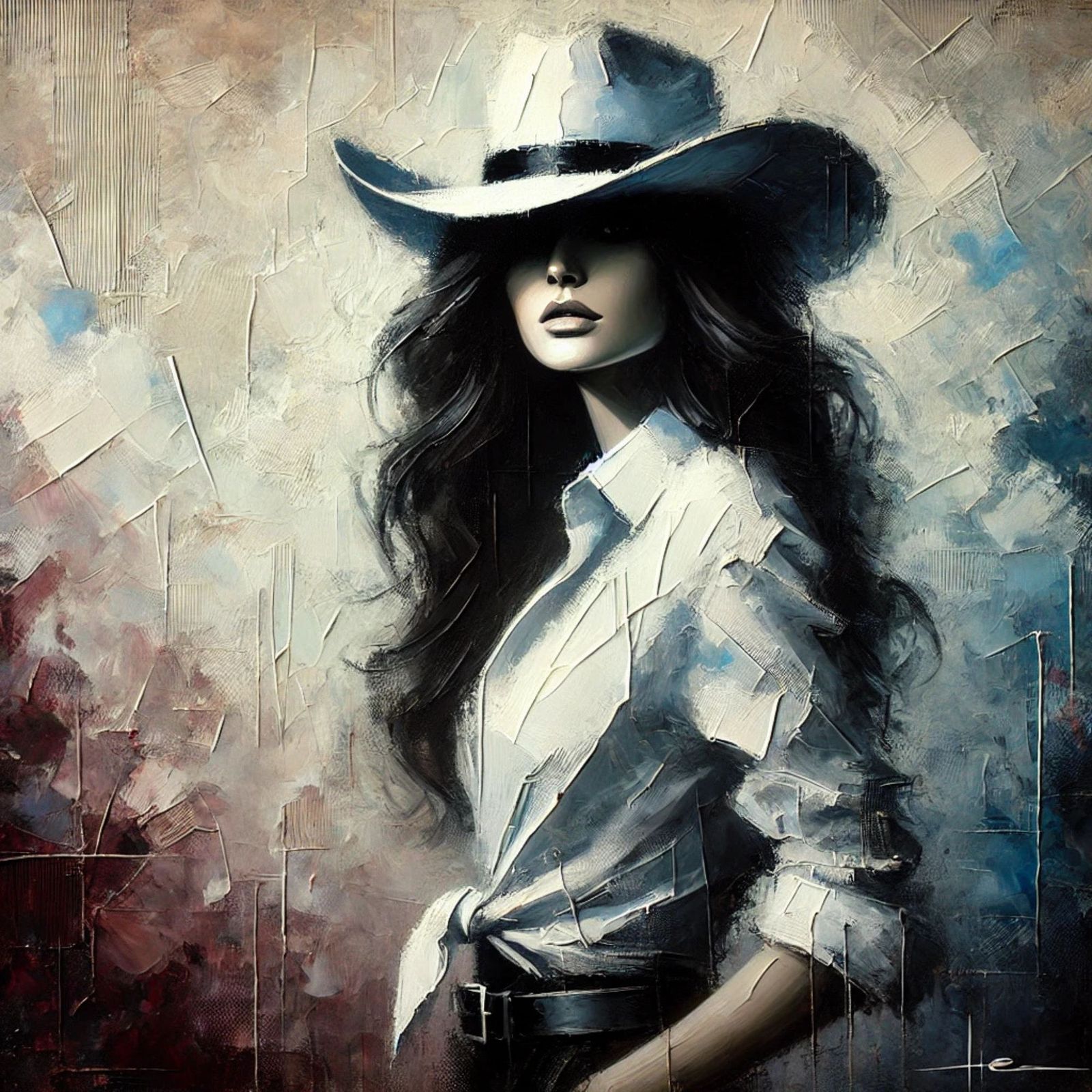 A painting of a mysterious woman in a white cowboy hat with ...