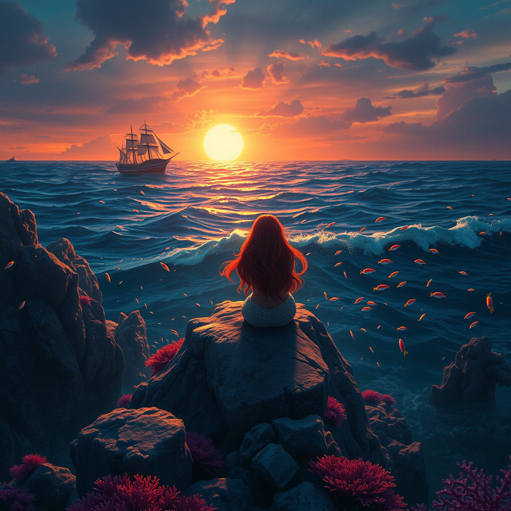 Ariel Gazes at Prince Eric's Ship: Fantasy Art
