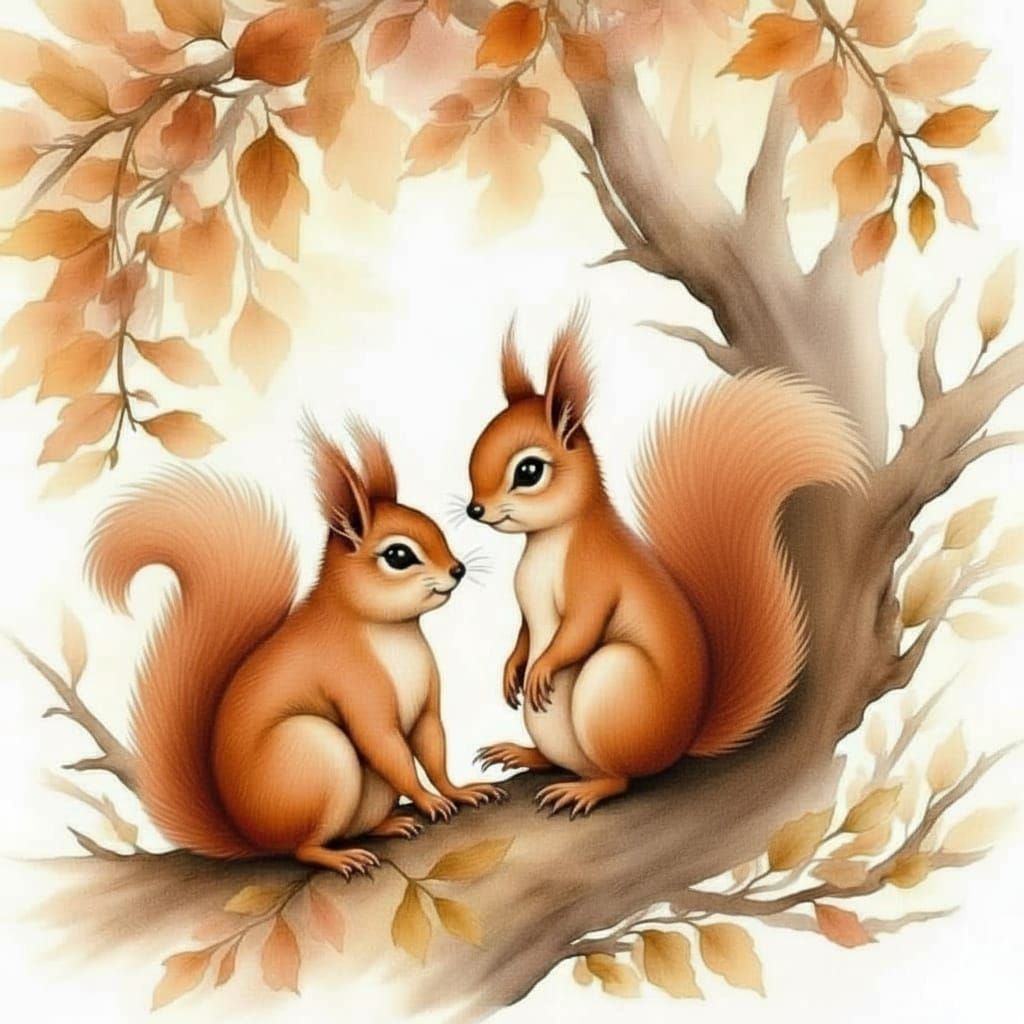 A pair of squirrels sitting in an oak tree 