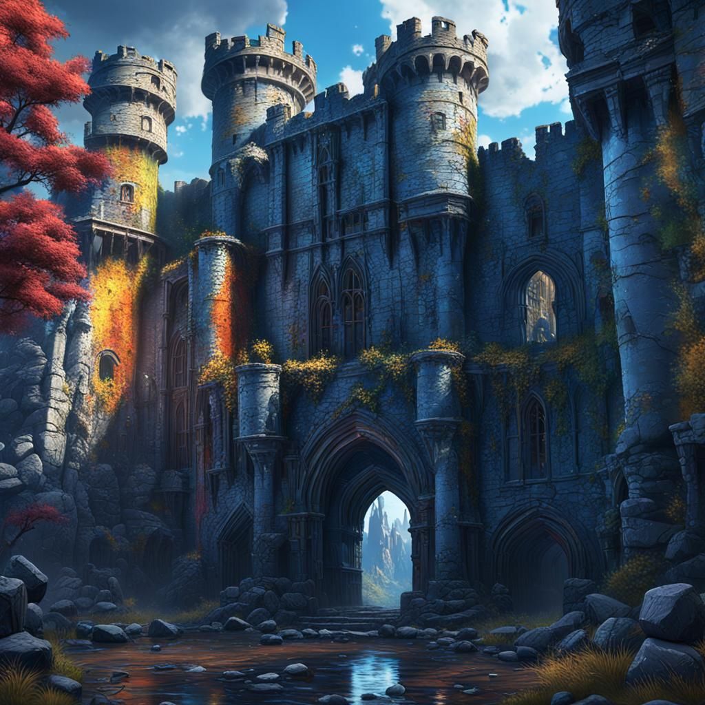 Ruins of a medieval castle detailed matte painting, deep col...