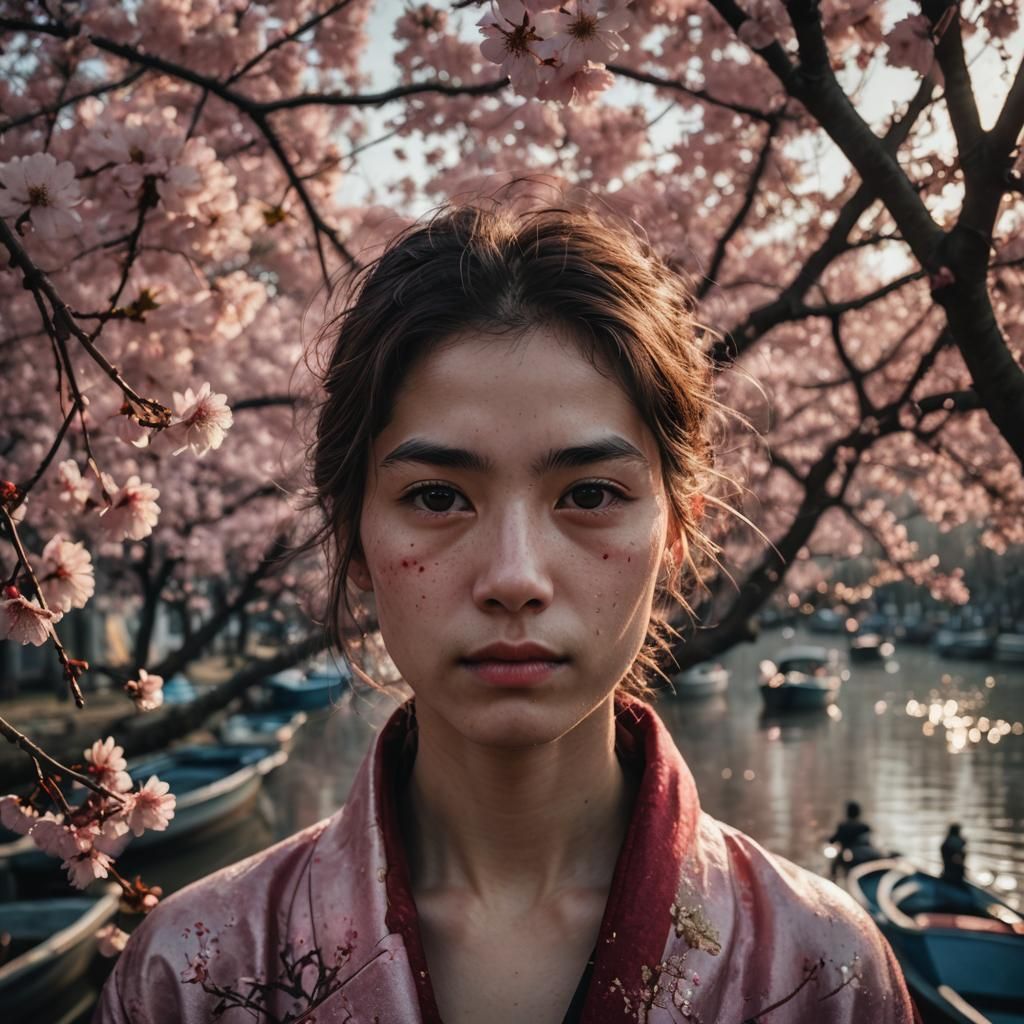 cherry blossom trees, water, red, pink, sunset, boats