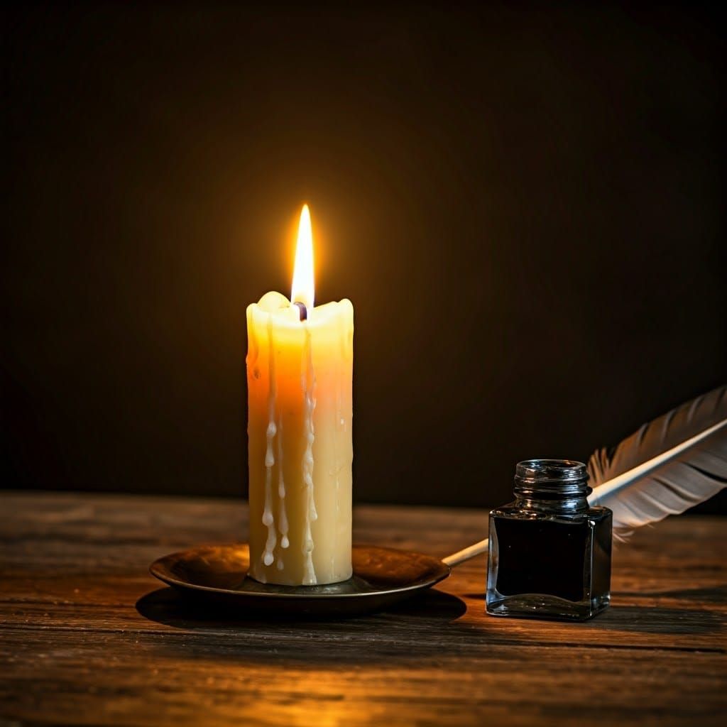 Soulful Candle in Golden Glow, with Leather Inkwell and Quil...