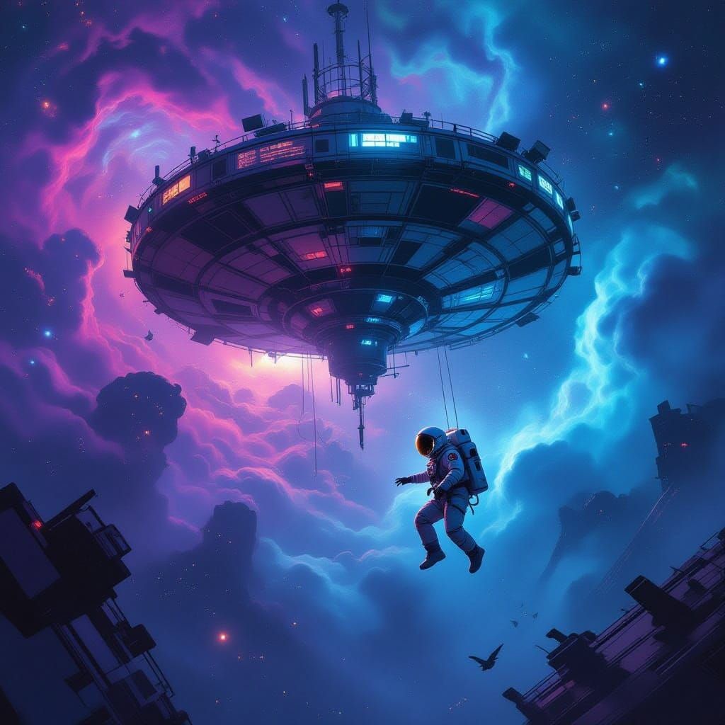 Astronaut Drifts by Derelict Carousel Space Station