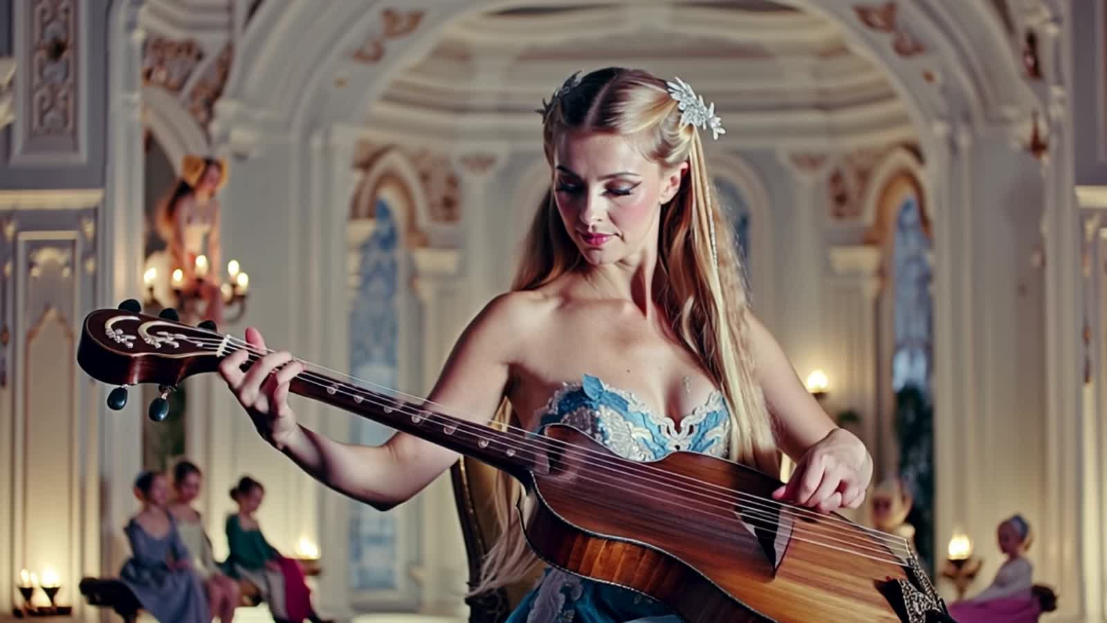 A beautiful Elven Princess playing a lute to an audience of mischievous fairies and imps.
