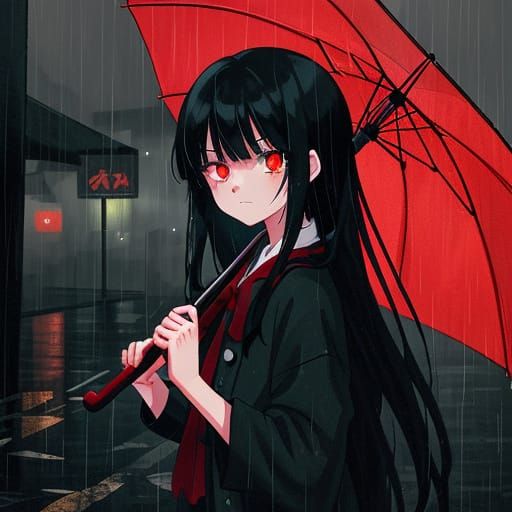 Girl Under Rainy City Lights in Vibrant Manga Style