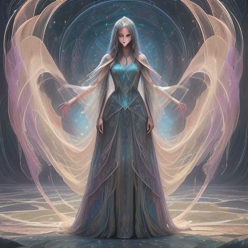 Woman in Psychedelic Gown in Pine and Sand Landscape