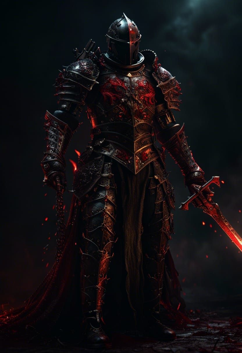 Gothic knight in full-length with chain, covered in blood, corpses ...