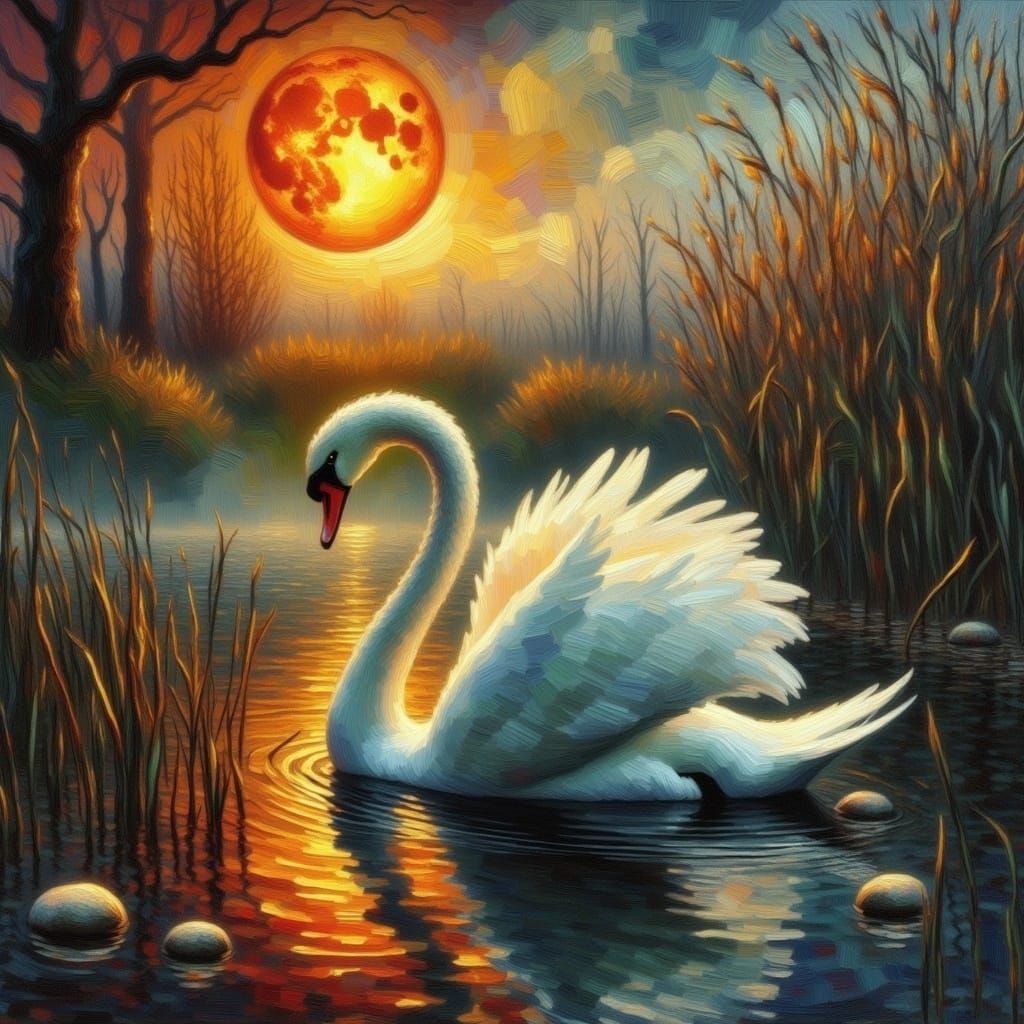 <lora:ImpastoOil Influence:1.0> beautiful stunning swan in a misty hazy bay reeds cattails under a full blood red moon with touches of gold...
