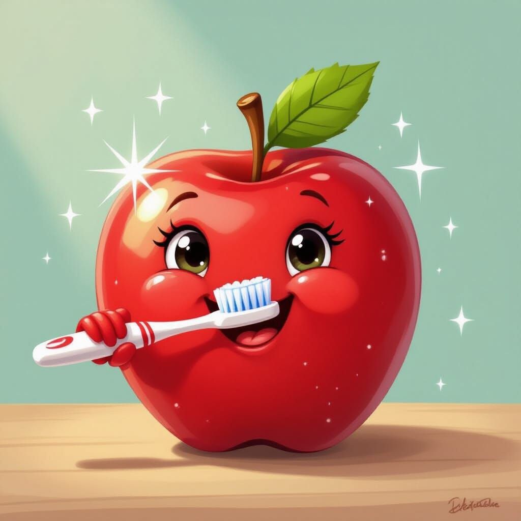 Happy Red Apple Brushing Teeth in Cartoon Style