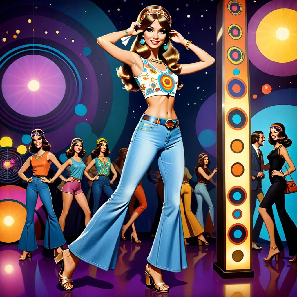Groovy 1960s, cartoon hippie girl, bell bottom jeans, barefo...
