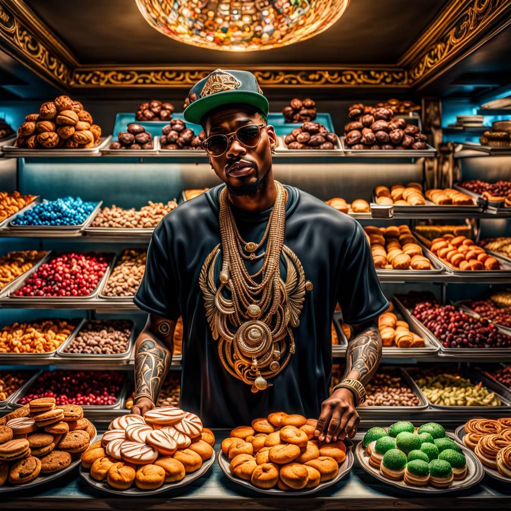 a rapper selling baked goods, high dynamic range, intricatel...