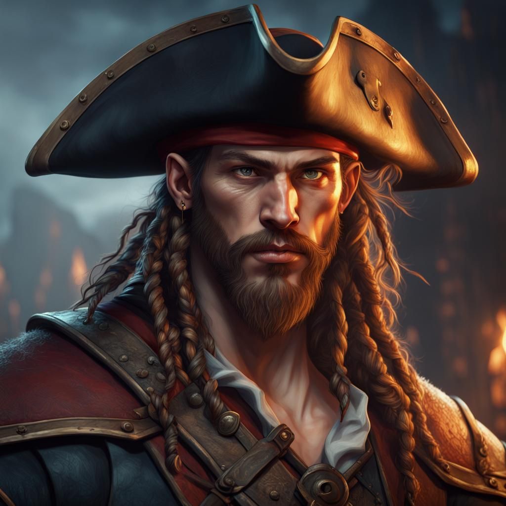 a portrait of a dungeons and dragons character, pirate backg...