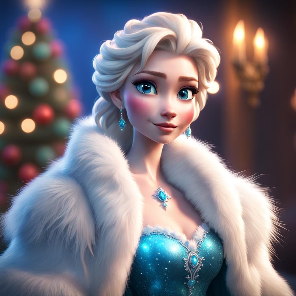 christmas queen elsa wearing large fluffy fur coat, full bod...