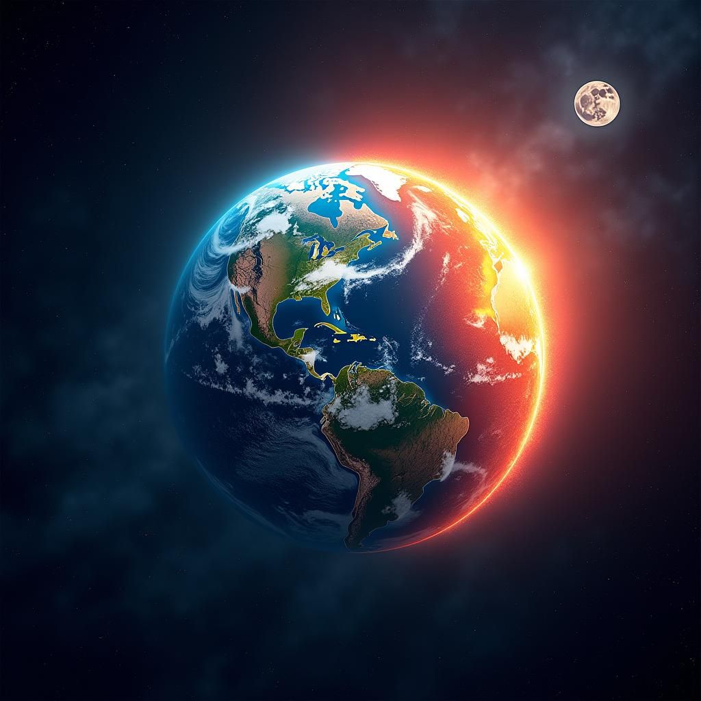 Bright blue and green earth with white and blue moon and red and orange sun aliened together with the black space in the background 