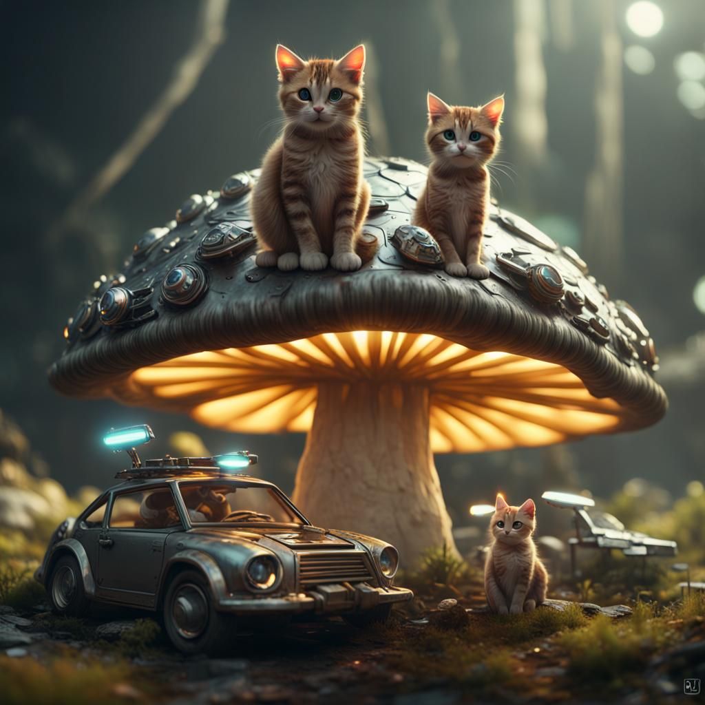 cats on mushrooms with cars driving flashlights while keyboards cook