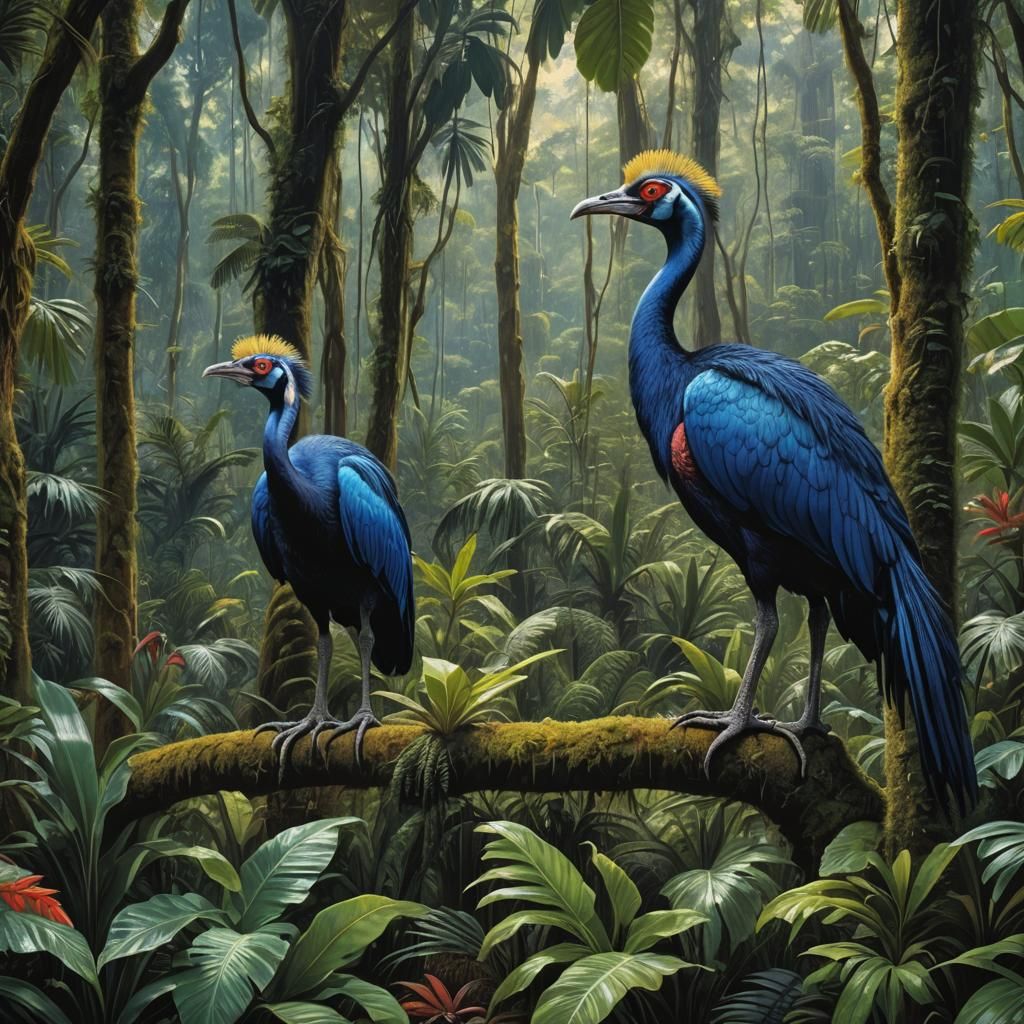 Cassowary bird, lush tropical rainforest setting, beautiful bright colors, mystical setting, hyper-detailed, ...  by @Wim