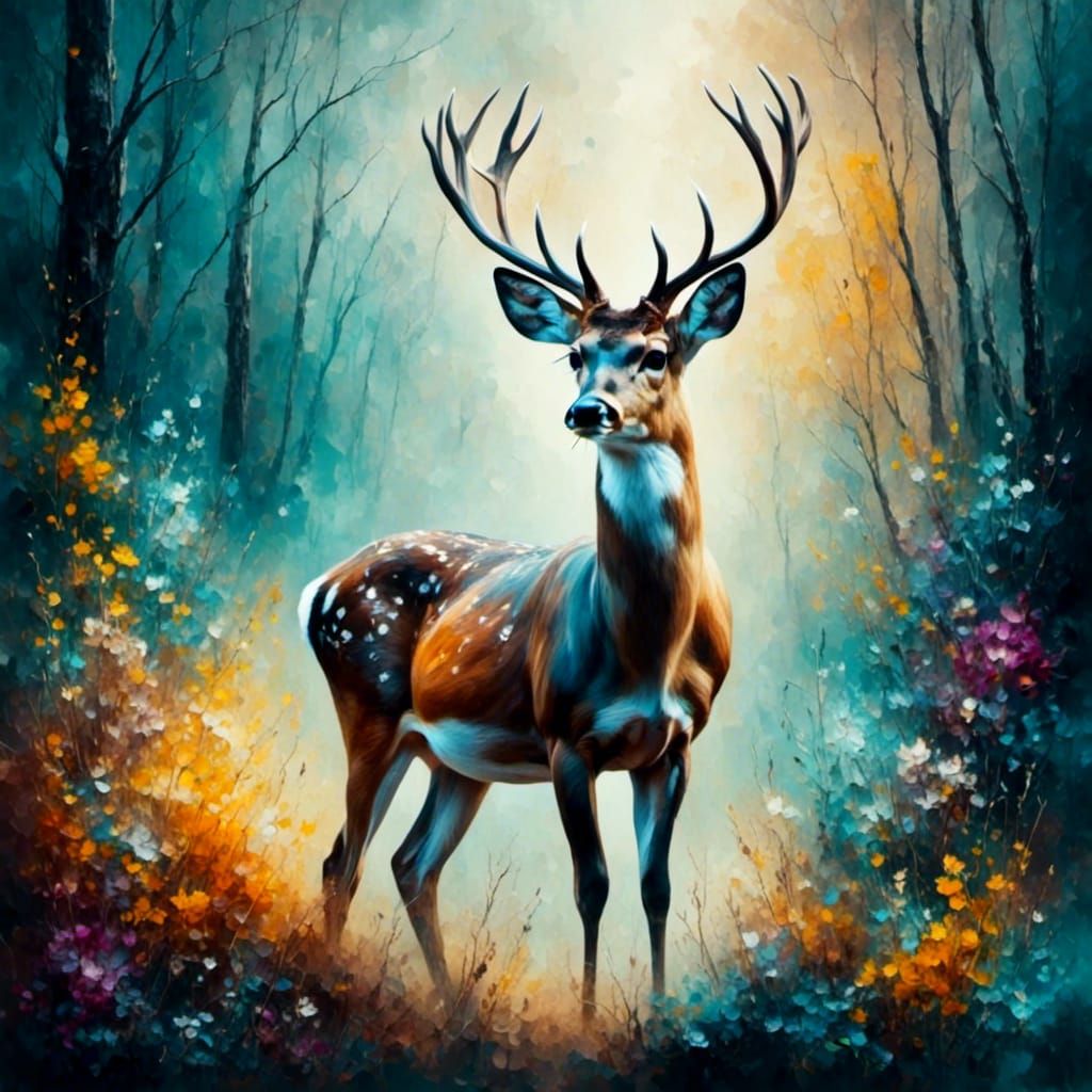 <lora:Intricate Oils:1.0>  <lora:Moods of smoke:1.0> a beautiful stunning buck deer in a mysterious forest in oil painting style 