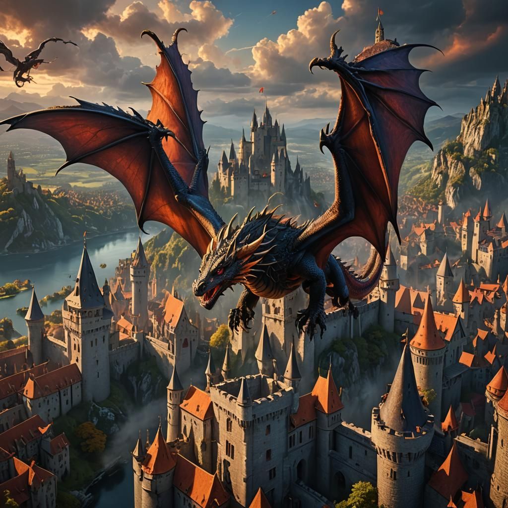 Dragon soaring over a castle - AI Generated Artwork - NightCafe Creator