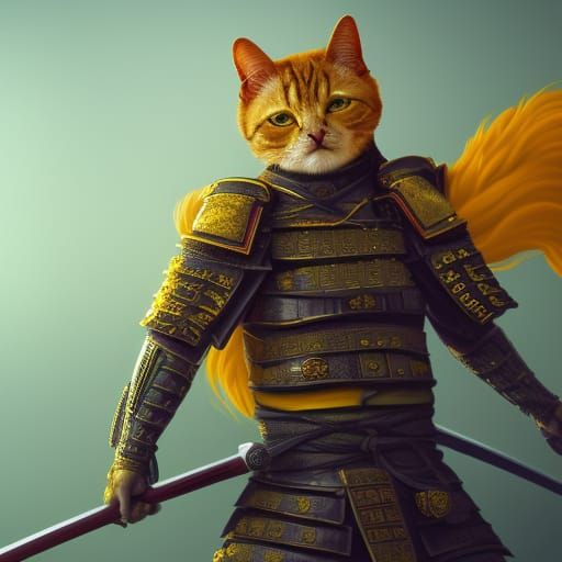 Yellow cat as a samurai