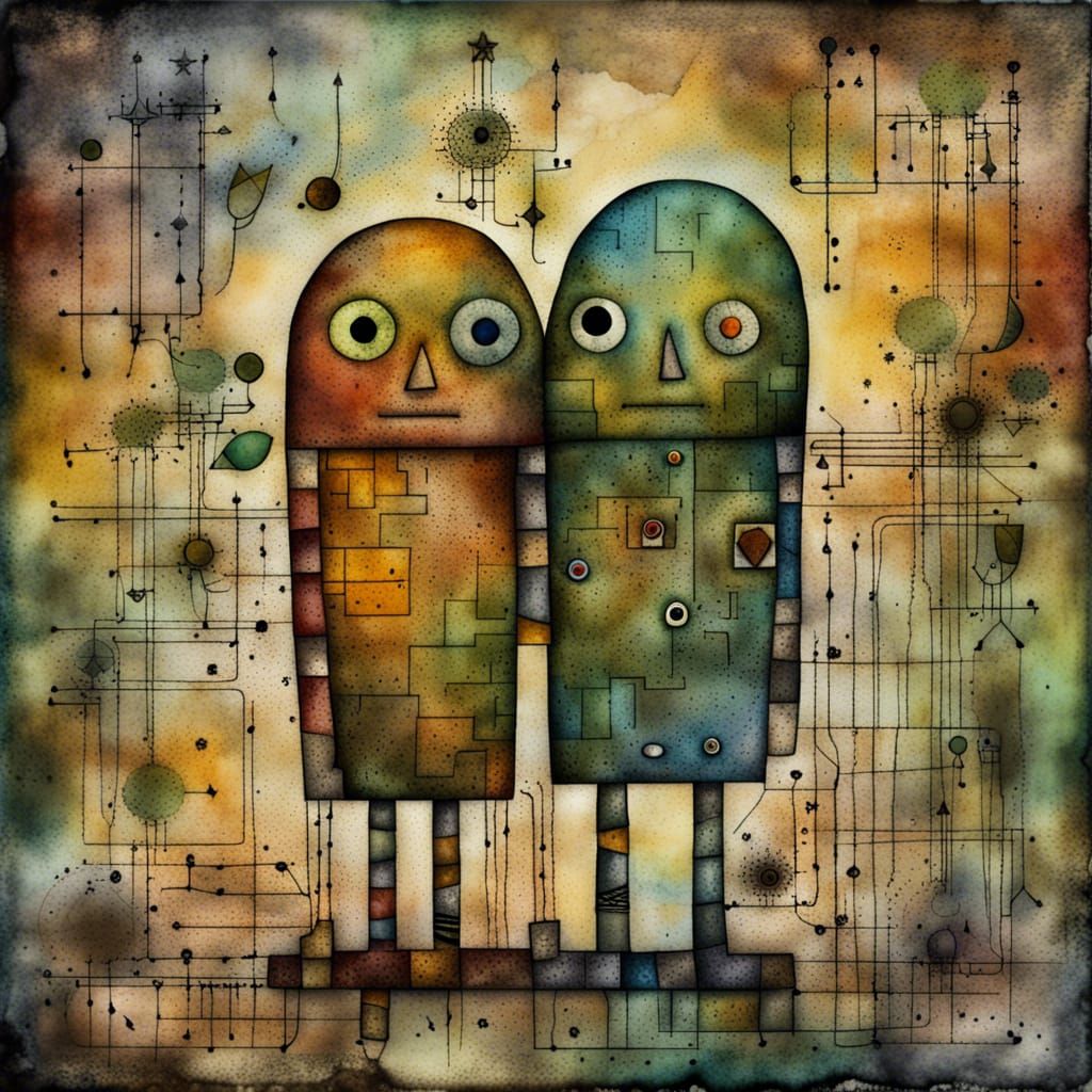 Embracing couple in patchwork watercolor and electronic part...