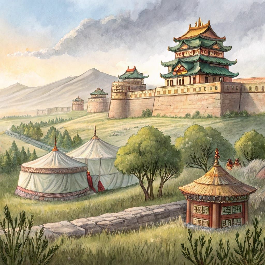 Mongolian Yurts Before Xanadu City Wall Watercolor