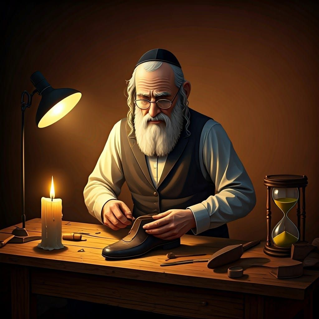 Warm Portrait of a Hasidic Jewish Cobbler in Serene Candleli...